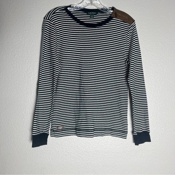 Lauren ralph lauren L Black White Stripe Faux suede patch elbow zip shoulder - Picture 1 of 9